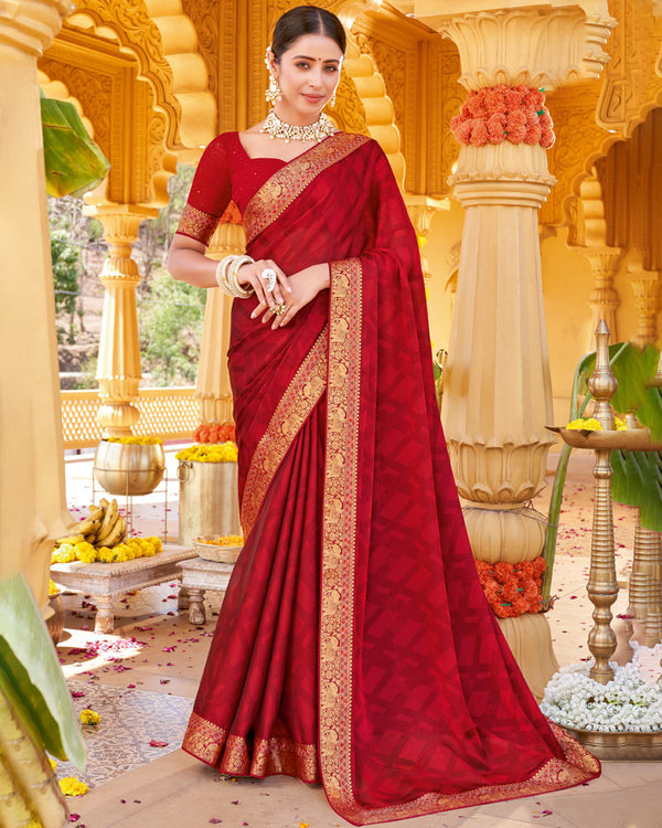 Vishal Prints Cherry Red Printed Chiffon Saree With Fancy Border