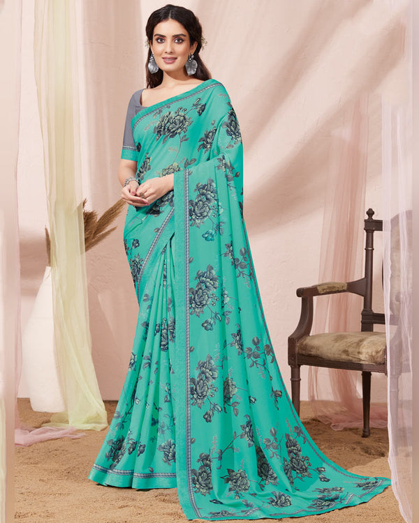 Vishal Prints Turquoise Green Printed Georgette Saree With Fancy Border