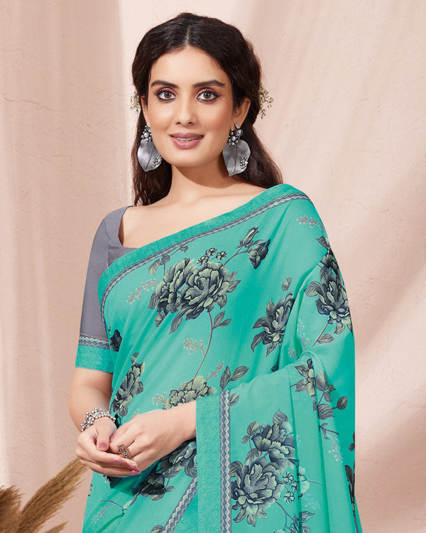 Vishal Prints Turquoise Green Printed Georgette Saree With Fancy Border