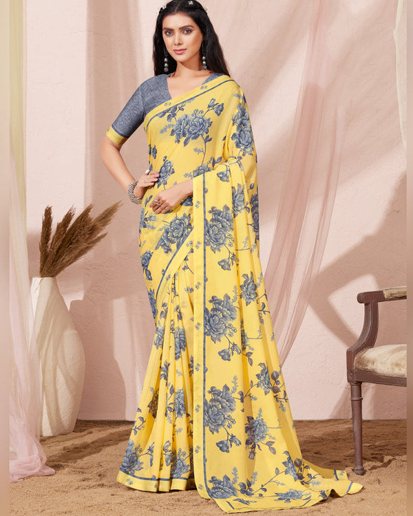 Vishal Prints Light Yellow Printed Georgette Saree With Fancy Border