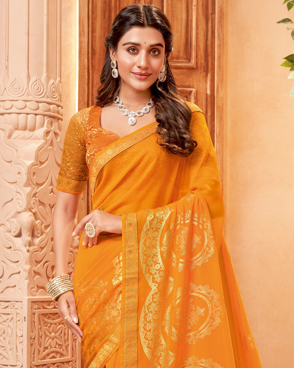 Vishal Prints Yellowish Orange Georgette Saree With Foil Print And Zari Border