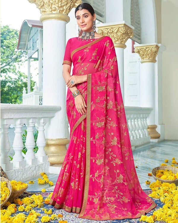 Vishal Prints Hot Pink Designer Brasso Saree With Foil Print And Zari Border