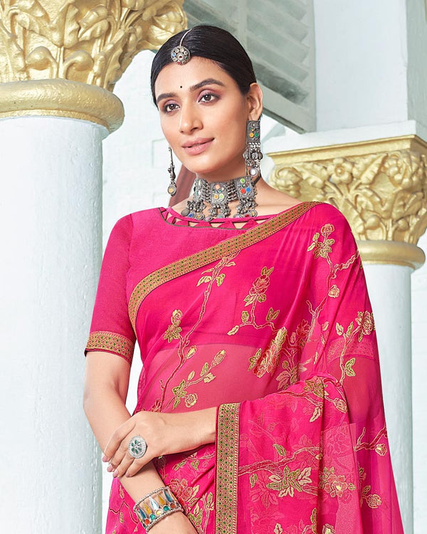 Vishal Prints Hot Pink Designer Brasso Saree With Foil Print And Zari Border
