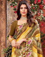 Vishal Prints Dark Yellow Fancy Chiffon Digital Print Saree With Core Piping
