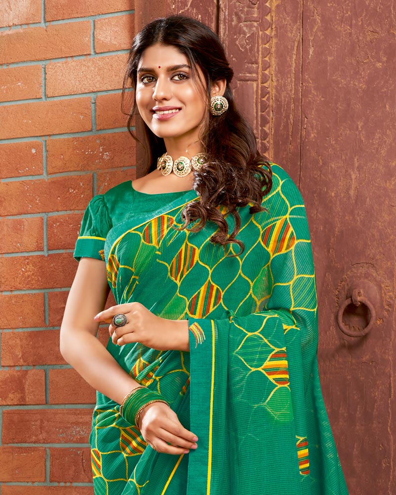 Vishal Prints Teal Green Printed Chiffon Saree With Border