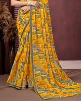 Vishal Prints Dark Yellow Printed Georgette Saree With Fancy Border