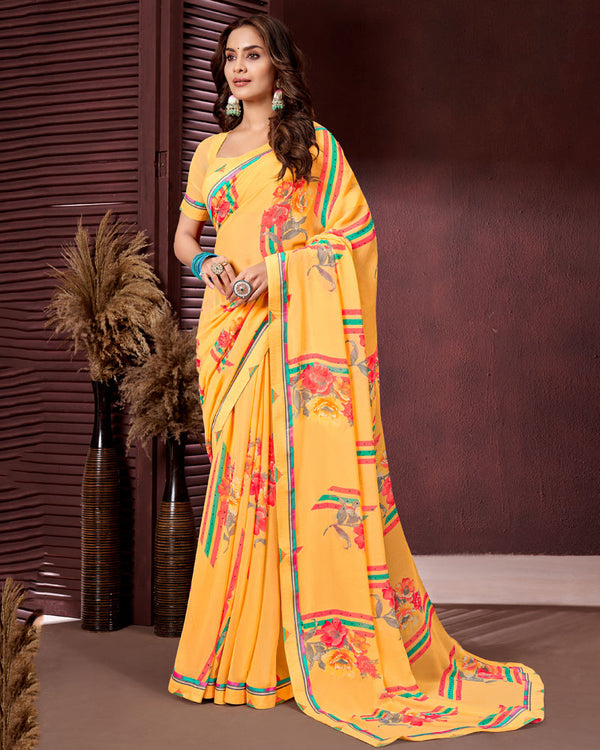 Vishal Prints Golden Yellow Printed Georgette Saree With Fancy Border