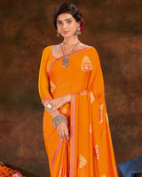 Vishal Prints Orange Printed Georgette Saree With Foil Print And Zari Border
