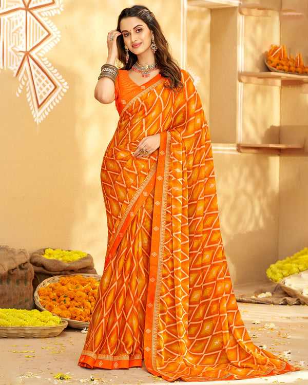 Vishal Prints Orange Printed Chiffon Saree With Fancy Border