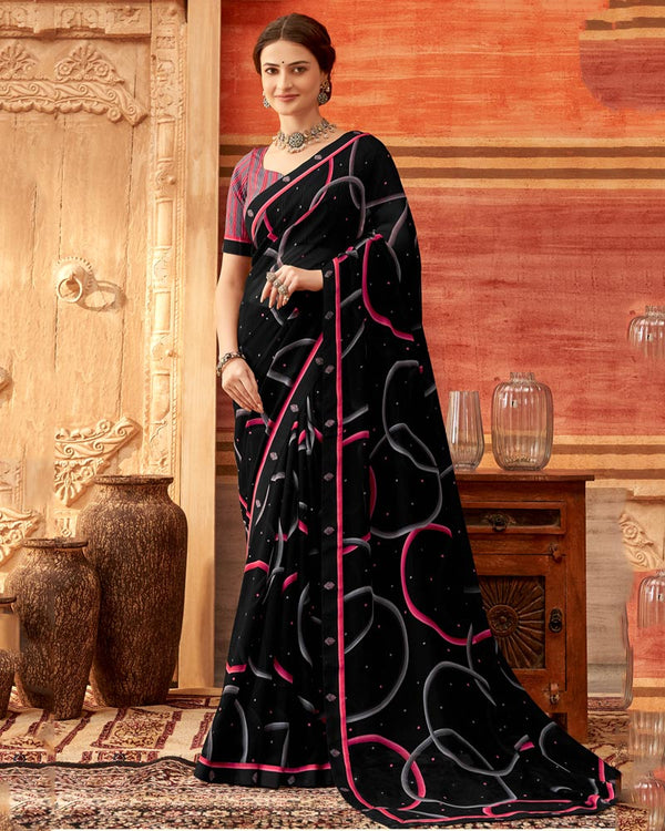 Vishal Prints Black And Red Pink Printed Georgette Saree With Fancy Border