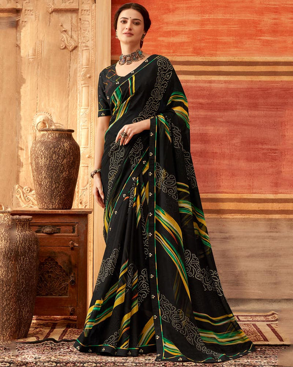 Vishal Prints Black And Yellow Printed Georgette Saree With Fancy Border