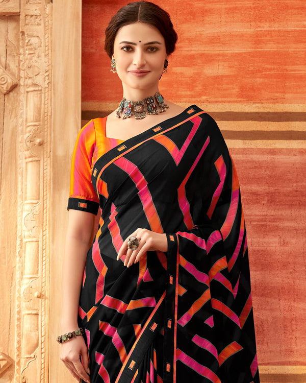 Vishal Prints Black And Pinkish Red Printed Georgette Saree With Fancy Border