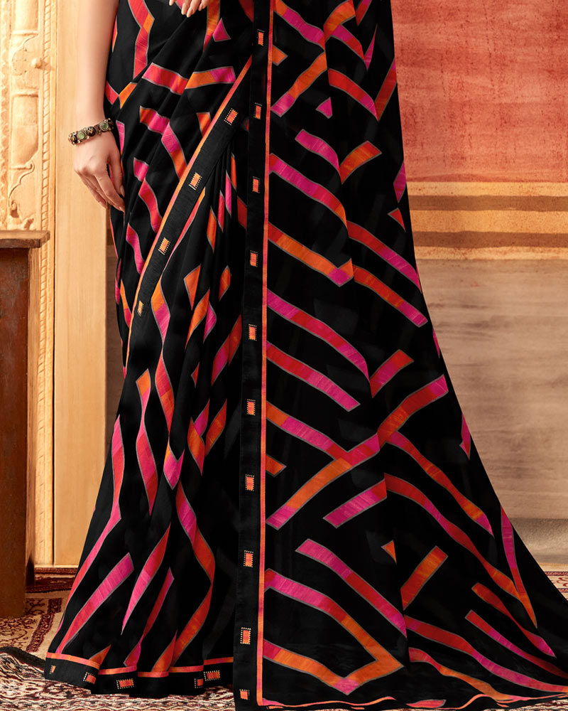 Vishal Prints Black And Pinkish Red Printed Georgette Saree With Fancy Border