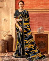 Vishal Prints Black And Mustard Printed Georgette Saree With Fancy Border