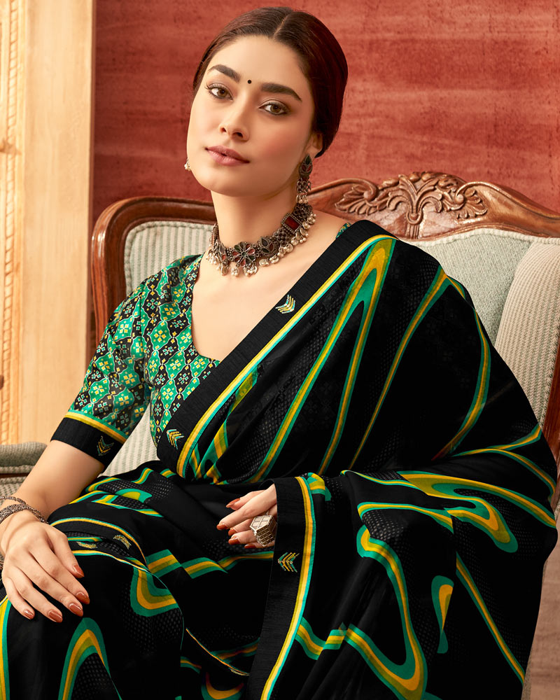 Vishal Prints Black And Pine Green Printed Georgette Saree With Fancy Border