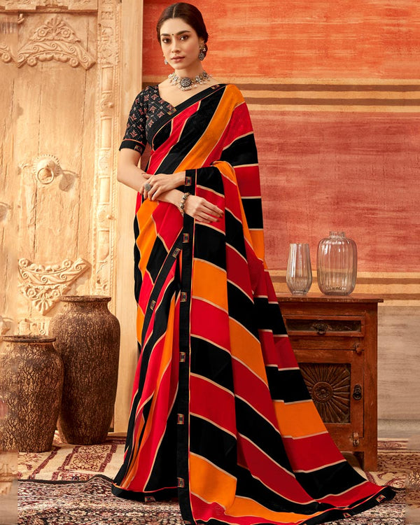 Vishal Prints Black And Red Orange Printed Georgette Saree With Fancy Border