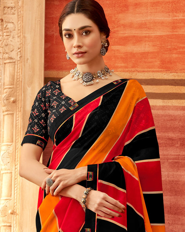 Vishal Prints Black And Red Orange Printed Georgette Saree With Fancy Border