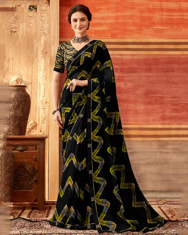 Vishal Prints Black And Yellowy Brown Printed Georgette Saree With Fancy Border