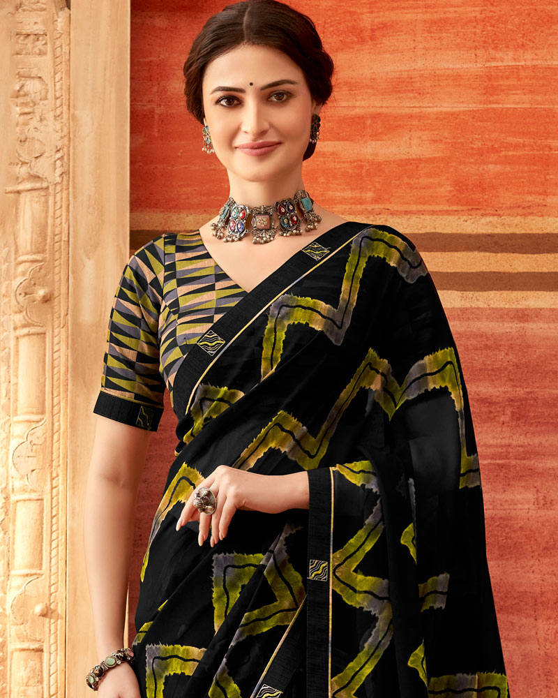 Vishal Prints Black And Yellowy Brown Printed Georgette Saree With Fancy Border
