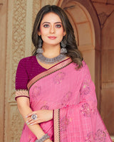Vishal Prints Pink Printed Brasso Saree With Foil Print And Zari Border