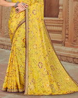Vishal Prints Yellow Printed Brasso Saree With Foil Print And Zari Border