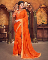 Vishal Prints Dark Orange Foil Print Chiffon Saree With Zari Border