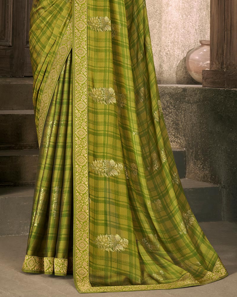 Vishal Prints Mehandi Green Chiffon Saree With Foil Print And Zari Border