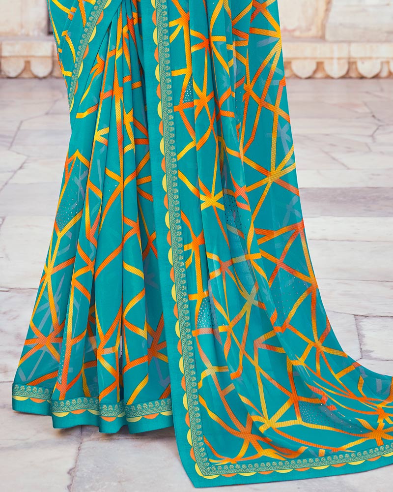 Vishal Prints Dark Turquoise Blue Printed Georgette Saree With Foil Work And Fancy Border