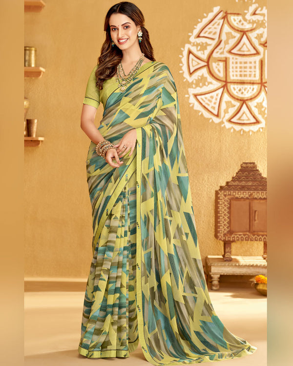 Vishal Prints Light Mehandi Green Printed Georgette Saree With Fancy Border