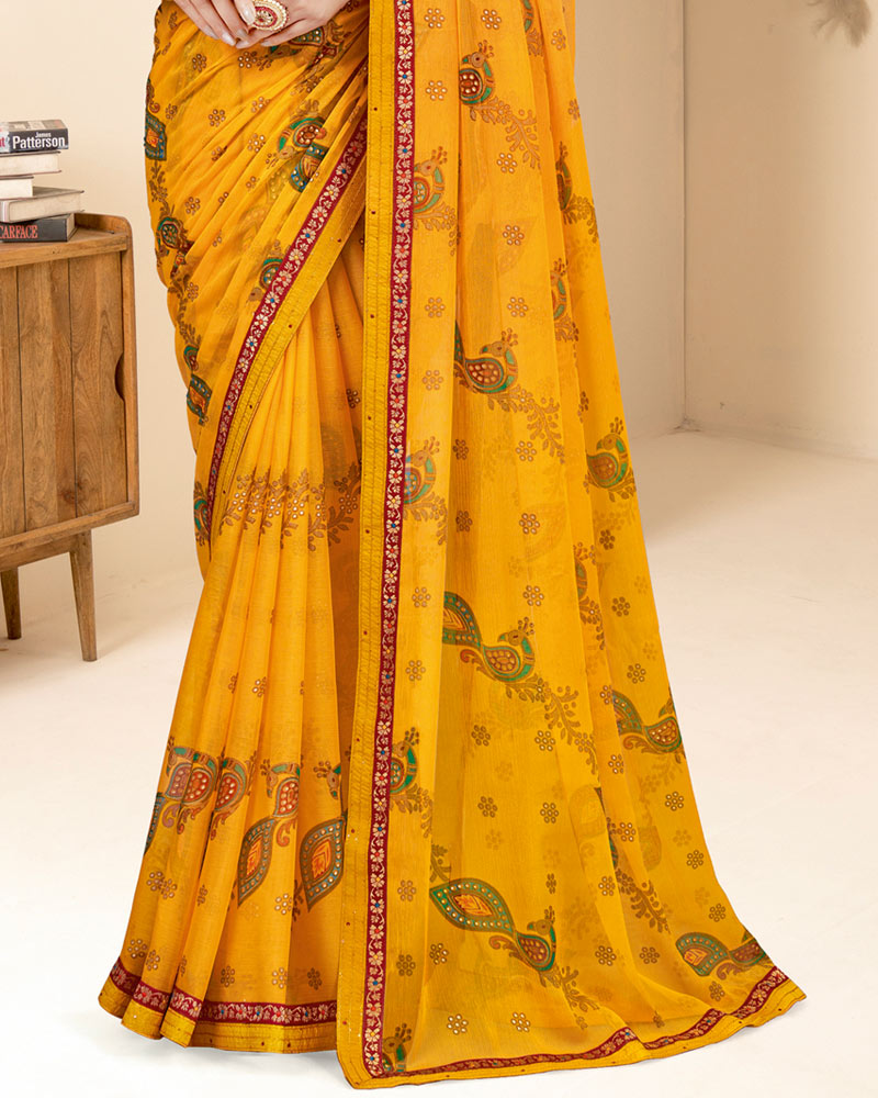 Vishal Prints Golden Yellow Printed Chiffon Brasso Saree With Foil Print And Border