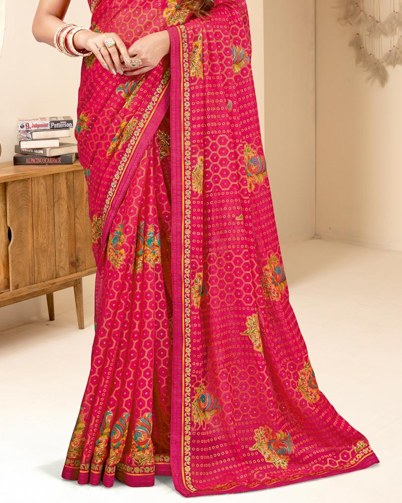 Vishal Prints Red Pink Printed Chiffon Brasso Saree With Foil Print And Border
