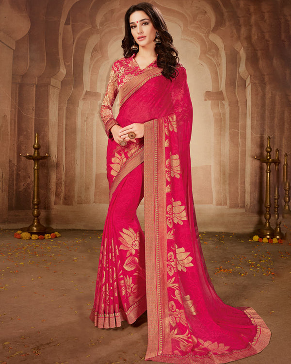 Vishal Prints Red Pink Printed Georgette Saree With Foil Print And Zari Border