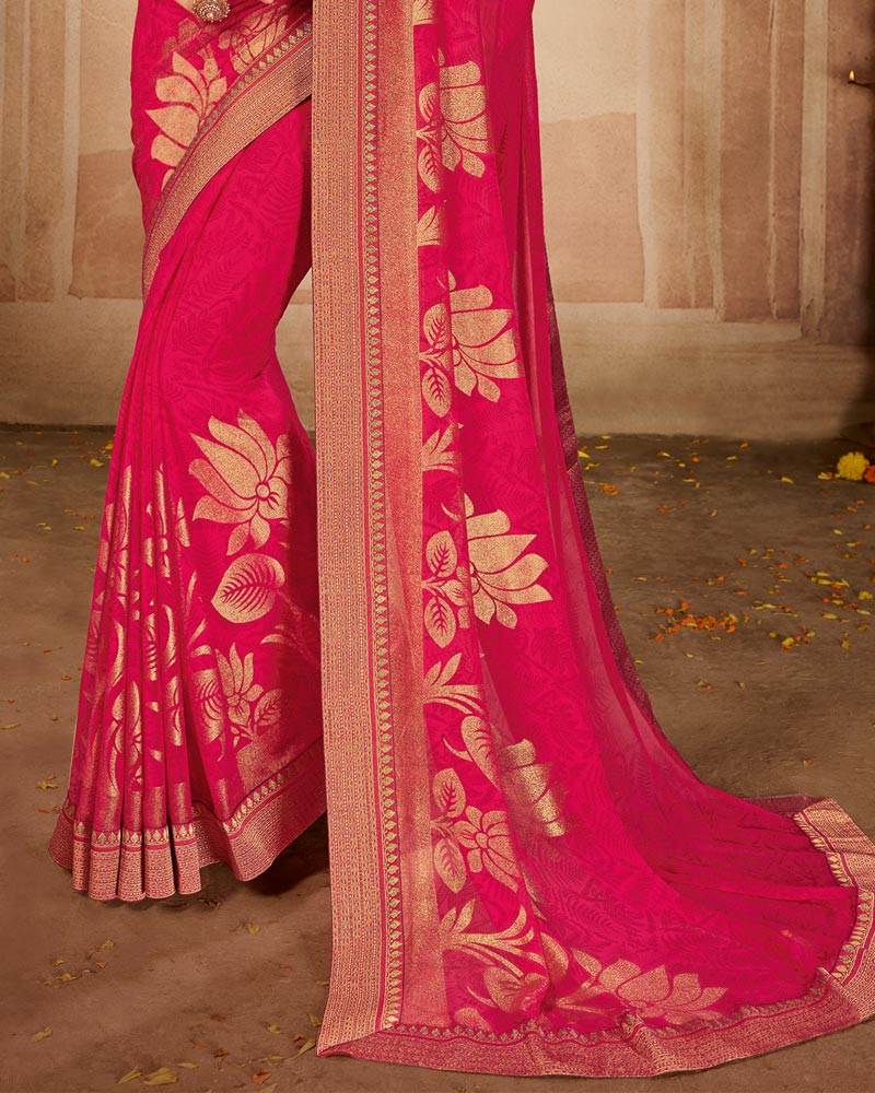 Vishal Prints Red Pink Printed Georgette Saree With Foil Print And Zari Border