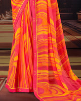 Vishal Prints Red Pink Printed Moss Chiffon Saree With Fancy Border