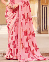 Vishal Prints Coral Pink Printed Georgette Saree With Fancy Border