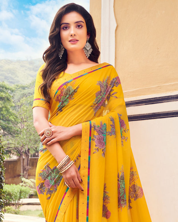 Vishal Prints Golden Yellow Printed Georgette Saree With Fancy Border