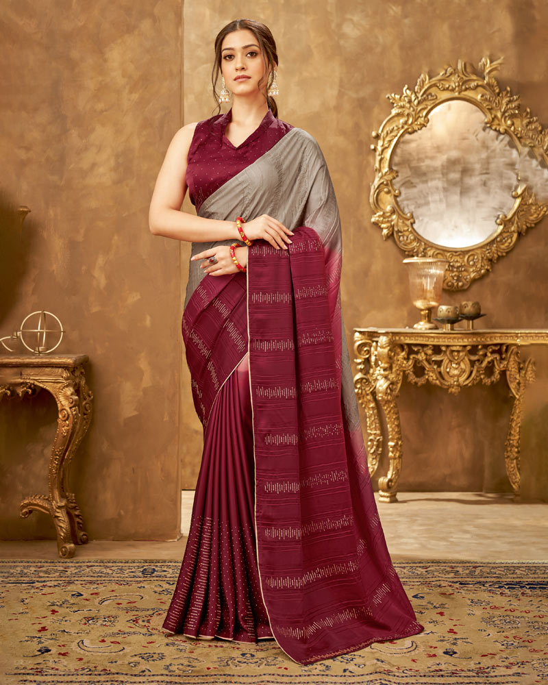 Vishal Prints Olive Grey, Maroon Satin Saree With Stone Work With (Crushed Pattern)