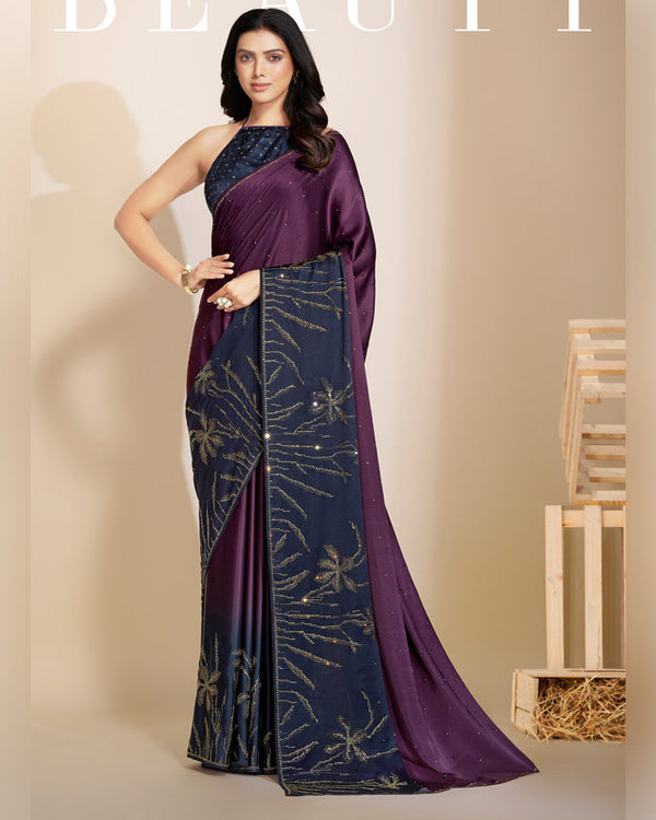 Vishal Prints Purple And Dark Navy Premium Satin Saree With Stone Diamond Work