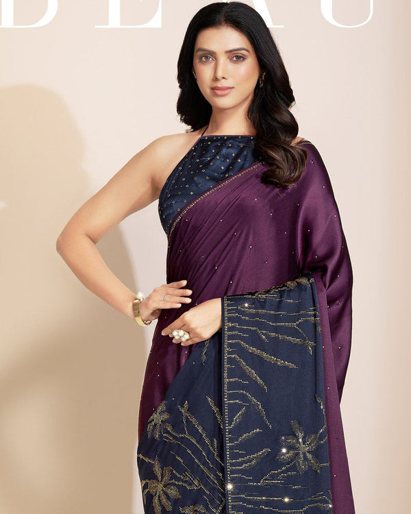 Vishal Prints Purple And Dark Navy Premium Satin Saree With Stone Diamond Work