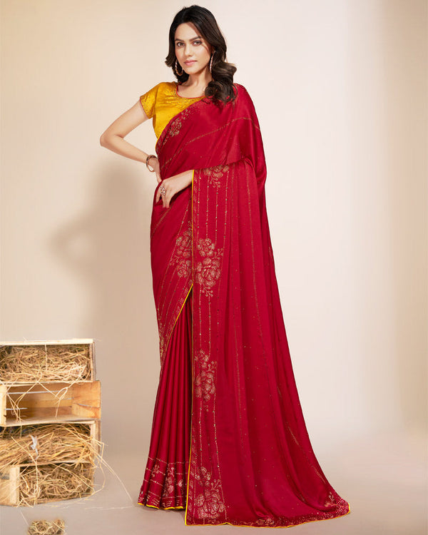 Vishal Prints Scarlet Red Premium Satin Saree With Stone Diamond Work