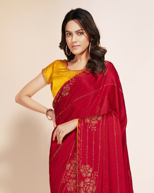 Vishal Prints Scarlet Red Premium Satin Saree With Stone Diamond Work
