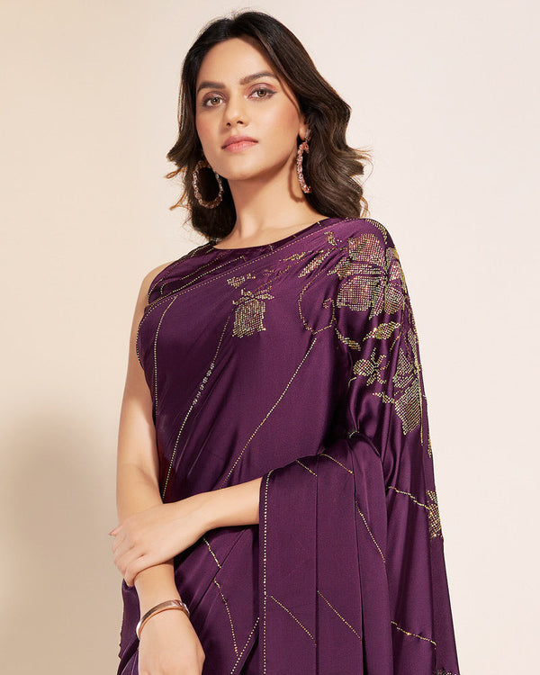 Vishal Prints Plum Purple Premium Satin Saree With Stone Diamond Work