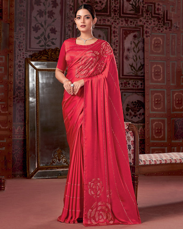 Vishal Prints Pinkish Red Premium Satin Saree With Stone Diamond Work