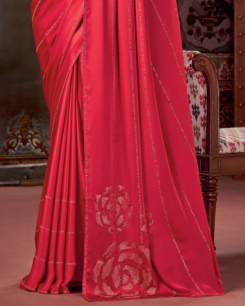 Vishal Prints Pinkish Red Premium Satin Saree With Stone Diamond Work