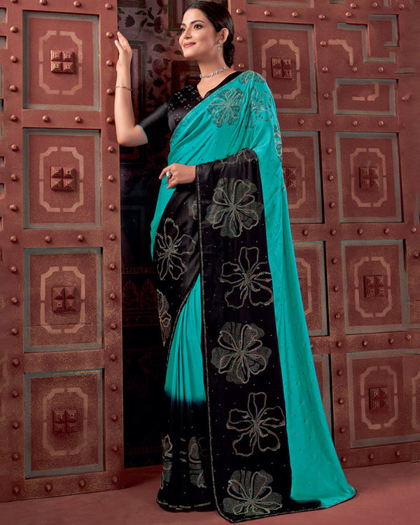 Vishal Prints Dark Turquoise Blue Premium Satin Saree With Stone Diamond Work