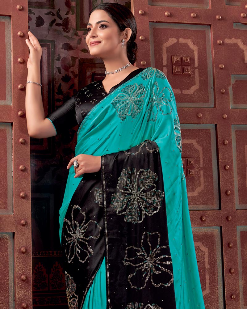 Vishal Prints Dark Turquoise Blue Premium Satin Saree With Stone Diamond Work