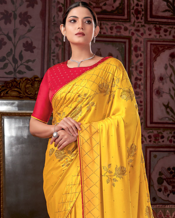 Vishal Prints Dark Yellow Premium Satin Saree With Stone Diamond Work