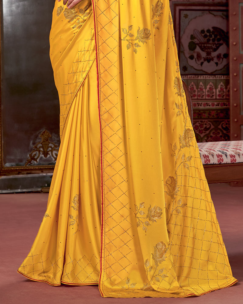 Vishal Prints Dark Yellow Premium Satin Saree With Stone Diamond Work