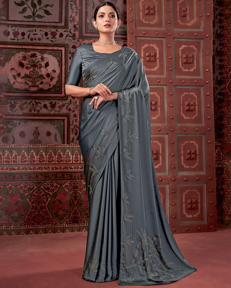 Vishal Prints Dark Grey Premium Satin Saree With Stone Diamond Work