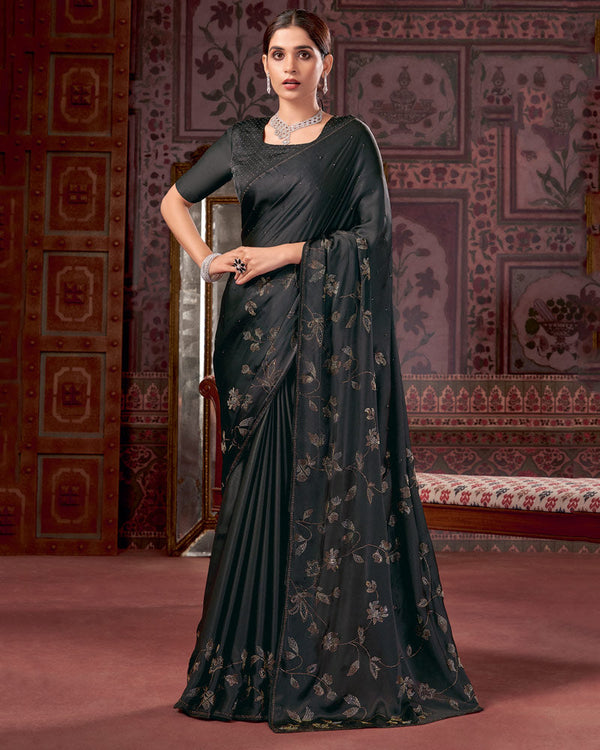 Vishal Prints Black Premium Satin Saree With Stone Diamond Work